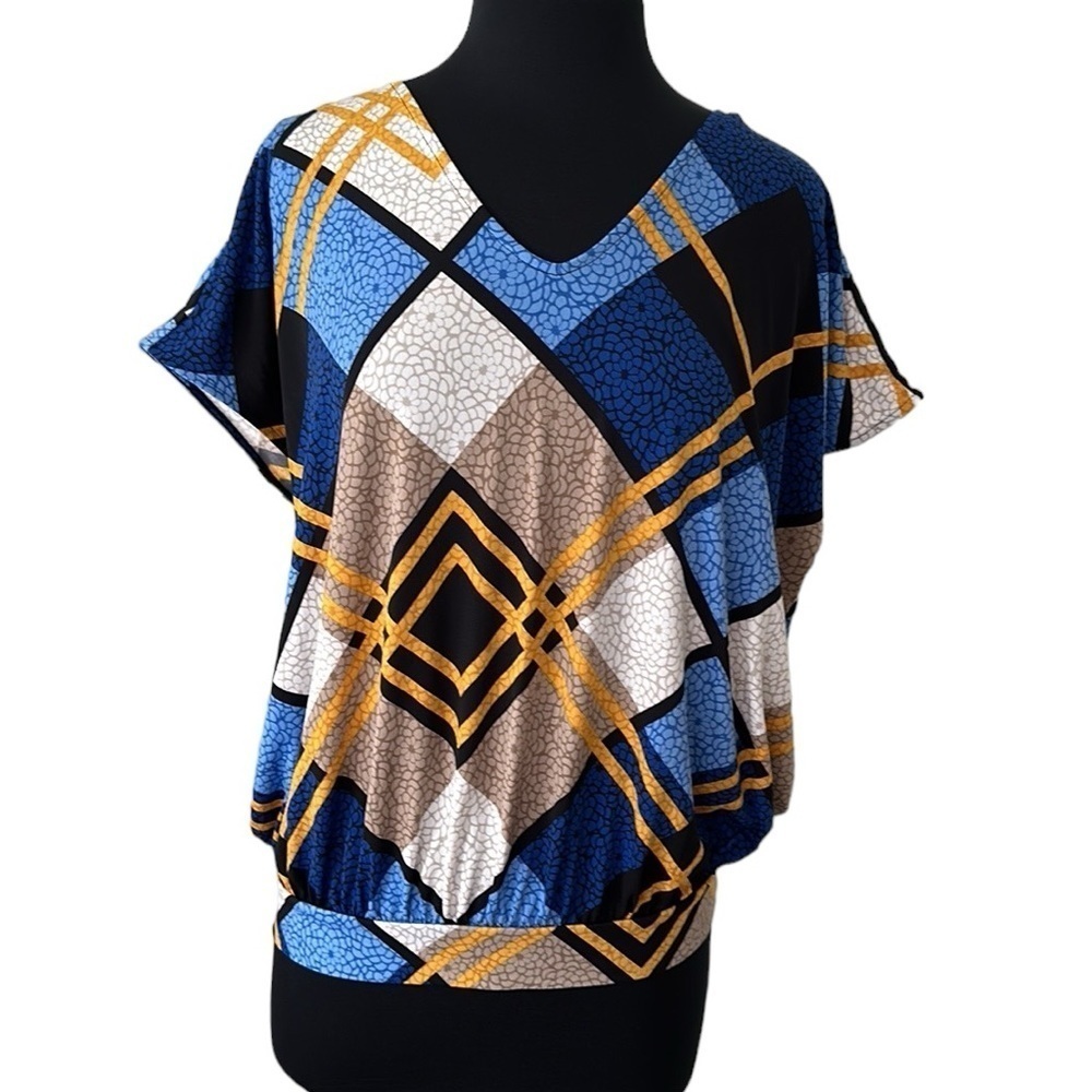 Worthington Blue/Gold/bLack Abstract Patterned V Neck Blouse